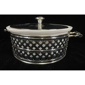 Vintage MCM Woven Silver Metal Bamboo Serving  Casserole Dish